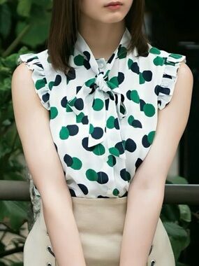 Brooks Brothers 100% Silk Green & Navy Polka Dot Tie-Neck Blouse